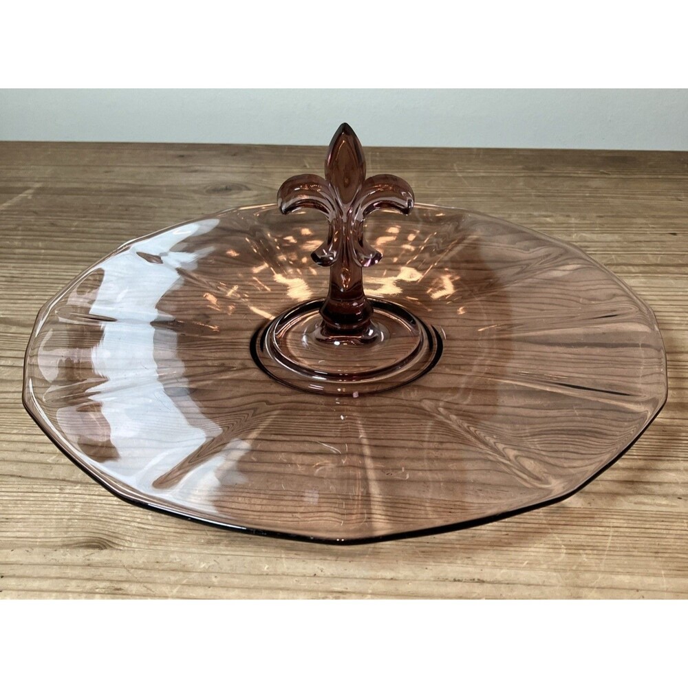 VTG Fostoria Purple Amethyst Glass Fairfax Serving Tray Fleur De Lis Handle HTF